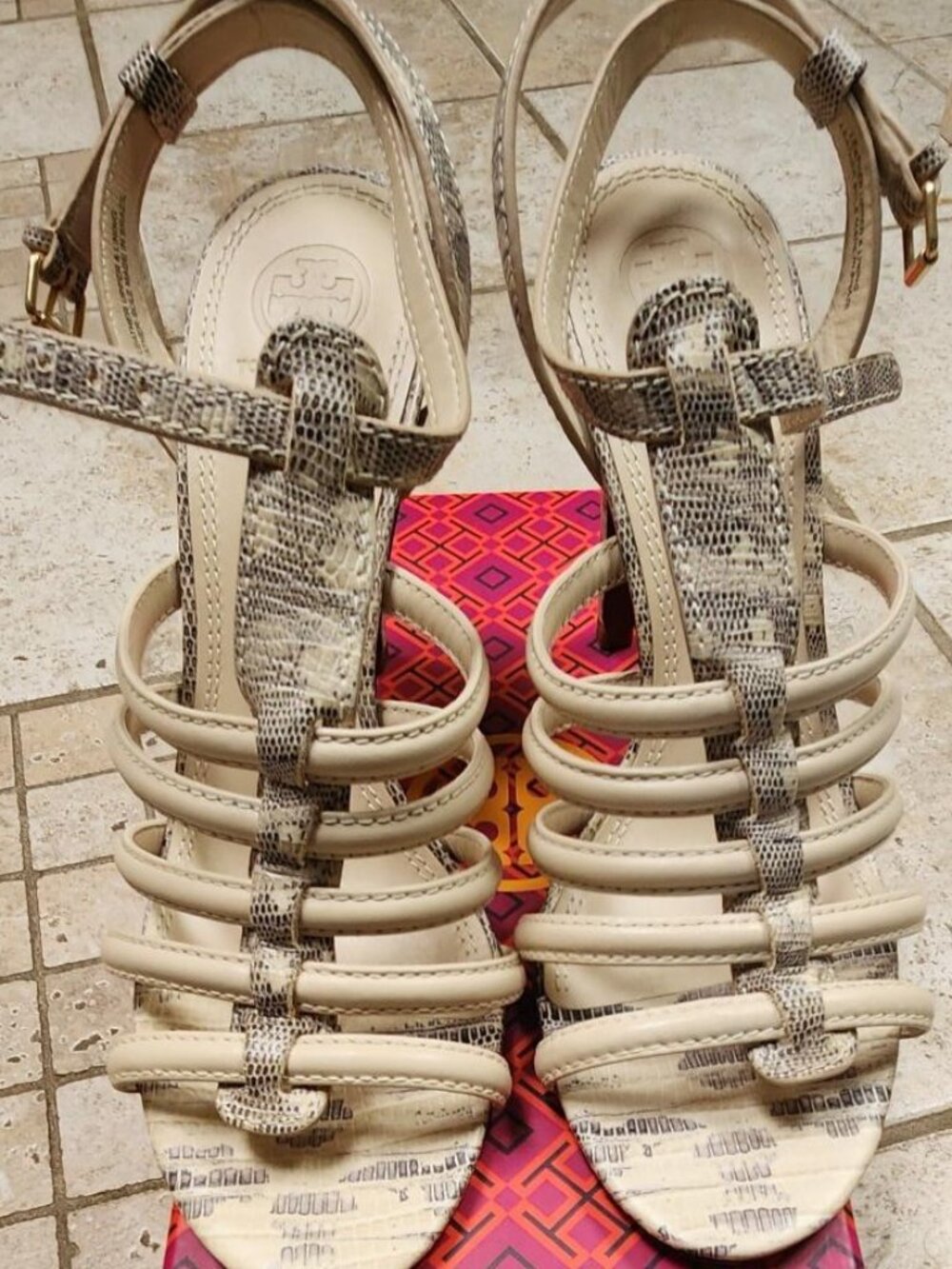 Tory Burch Snakeskin Print Strappy Cage Heel Sandals Size 9M